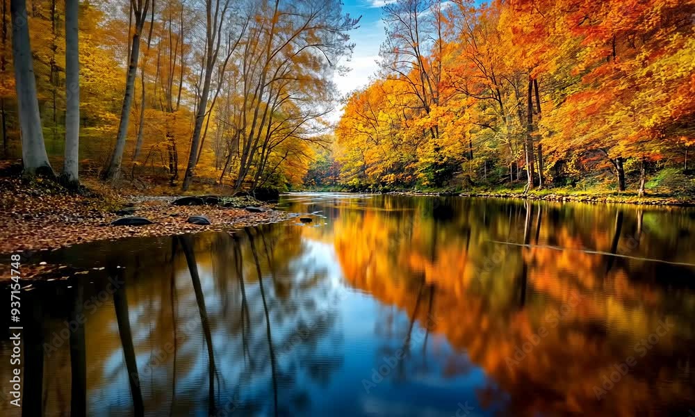 Serene autumn landscape with forest and calm river reflecting fall foliage