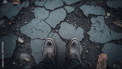 Elegant brown boots on cracked asphalt pathway surrounded by fallen leaves during a tranquil autumn afternoon stroll photo