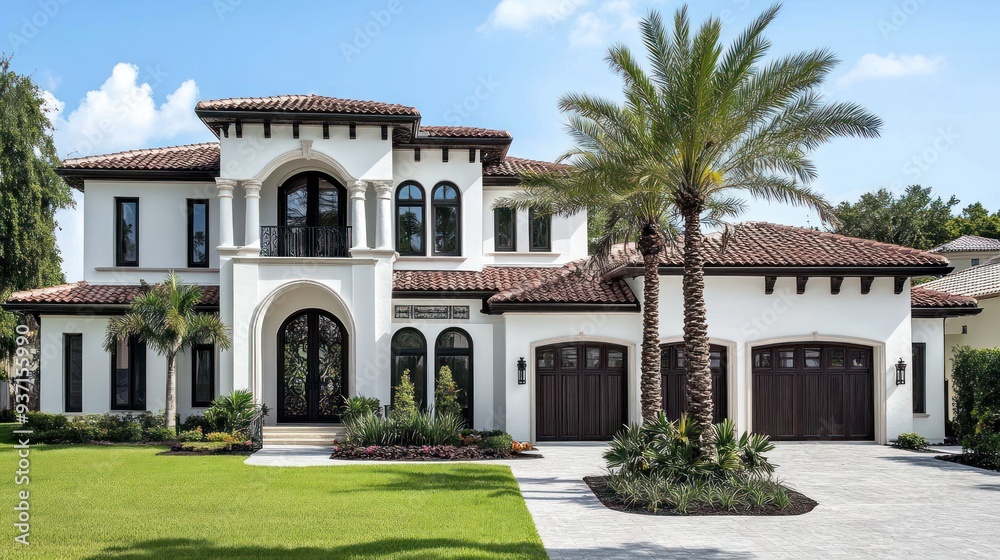 A beautiful white Mediterranean style home with a lush green lawn, a palm tree, and a paved driveway. A beautiful white Mediterranean style home with a lush green lawn, a palm tree, and a paved driveway.