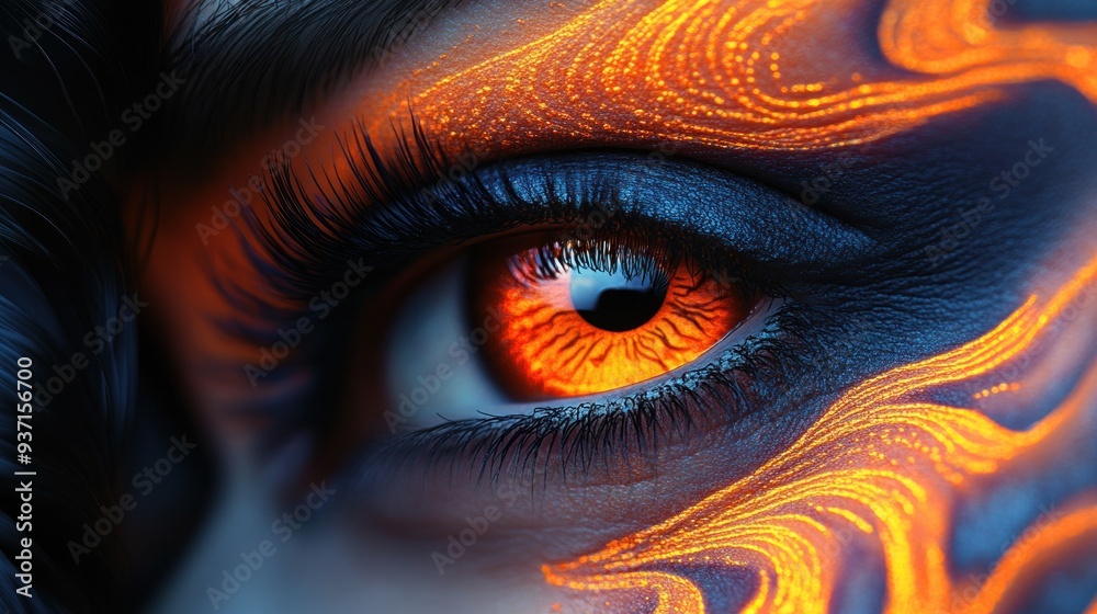 Close-up of a woman's eye with fiery makeup