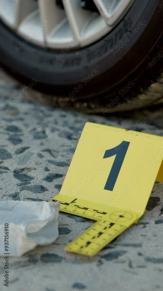 Crime scene, evidence and forensic investigation on road with label for ...