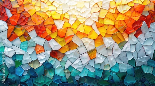 Colorful glass mosaic tile background with white, orange and teal colored blocks 