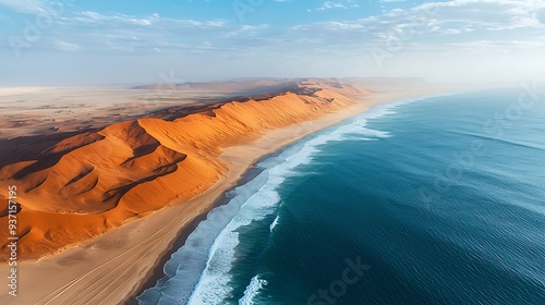 Aerial view of sand dunes meeting the ocean in Namibia, where the desert seamlessly transitions into the sea.