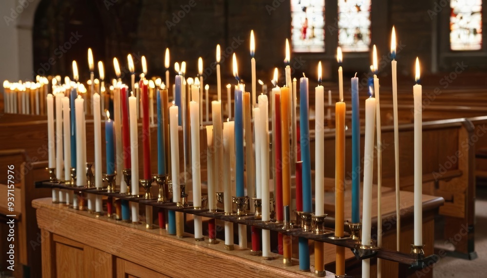 A warm and inviting church sanctuary bathed in the soft glow of colorful candles A warm and inviting church sanctuary bathed in the soft glow of colorful candles
