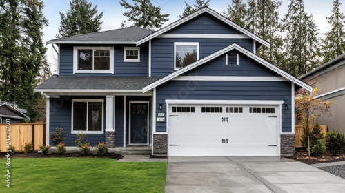 A beautiful modern two-story house with a white garage door, stone accents, and a lush green lawn.