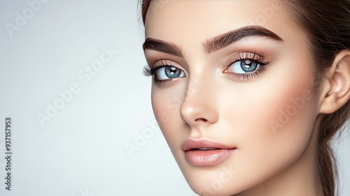 Close-up portrait of a young woman with natural makeup and blue eyes looking at the camera.