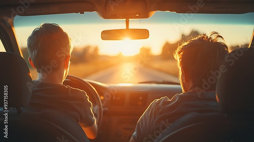 Wallpaper Mural Two people driving into the sunset, symbolizing the journey and shared experiences on the road. Torontodigital.ca