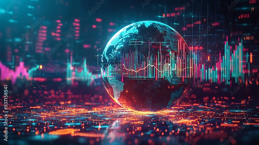 Fototapeta premium Global data network with analytics and chart, illustrating the interconnected flow of information in a digital world.