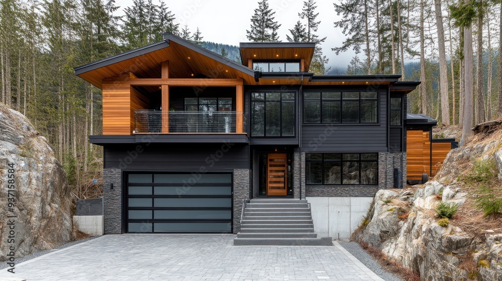 Modern home with wood and stone accents in a forest setting.