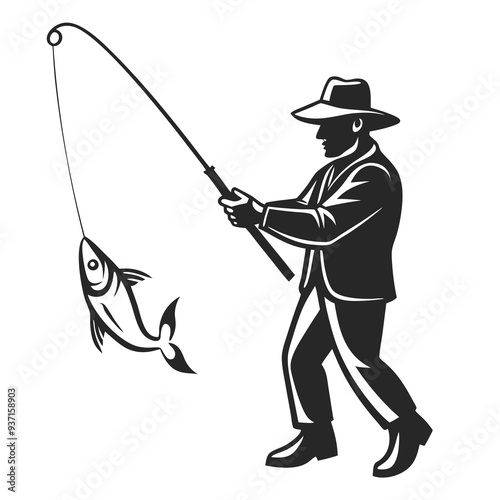 Fisherman with a fishing rod silhouette vector art illustration