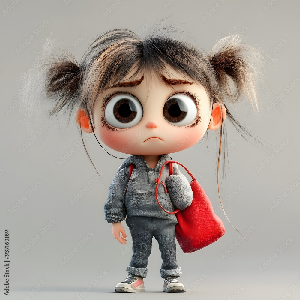 Sad Cartoon Girl with Red Bag and Grey Hoodie Sad Cartoon Girl with Red Bag and Grey Hoodie