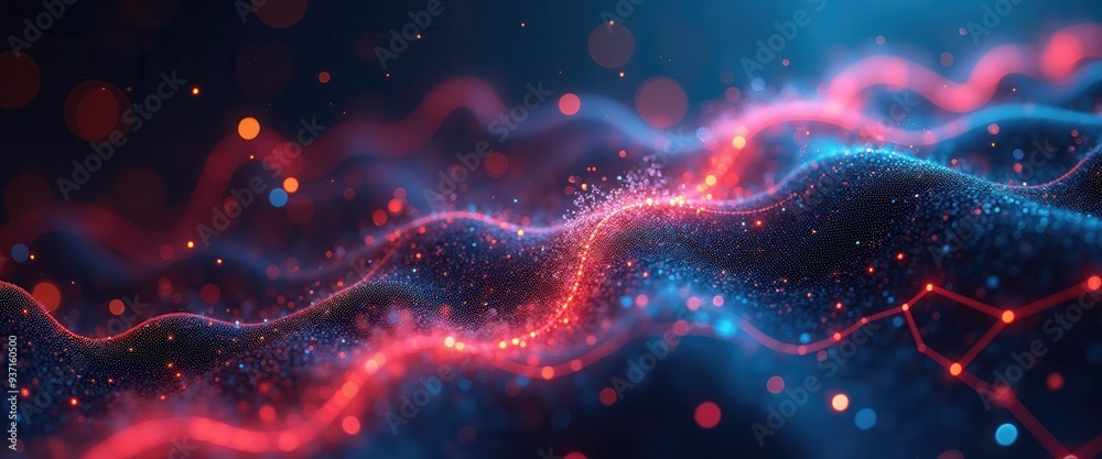 Abstract digital waves with glowing particles in vibrant blue and red hues, perfect for technology, data visualization, or creative projects.
