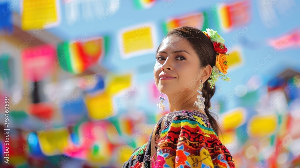 Woman in Traditional Dress Against a Colorful Background Woman in Traditional Dress Against a Colorful Background