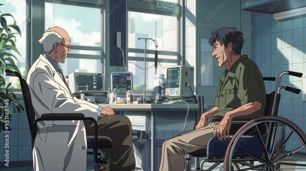 A cheerful doctor talks with an elderly man in a wheelchair in a well-lit hospital room filled with medical equipment A cheerful doctor talks with an elderly man in a wheelchair in a well-lit hospital room filled with medical equipment