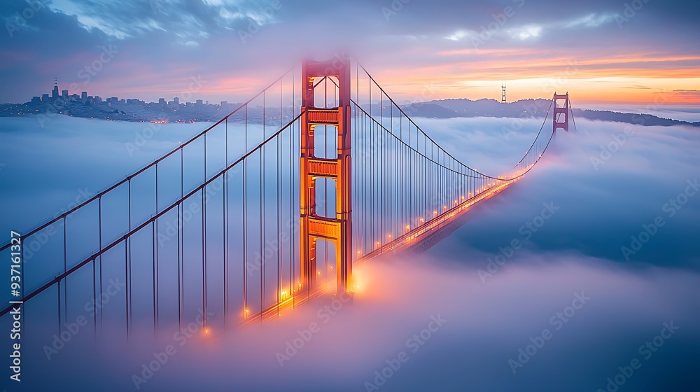 Fototapeta premium Golden Gate Bridge Foggy Sunset Landscape: Foggy sunset view of the Golden Gate Bridge, blending iconic architecture with a mystical atmosphere.