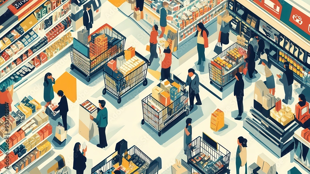 A bustling supermarket with people shopping, pushing carts, and picking items from shelves. Illustration captures diverse shoppers and products. A bustling supermarket with people shopping, pushing carts, and picking items from shelves. Illustration captures diverse shoppers and products.