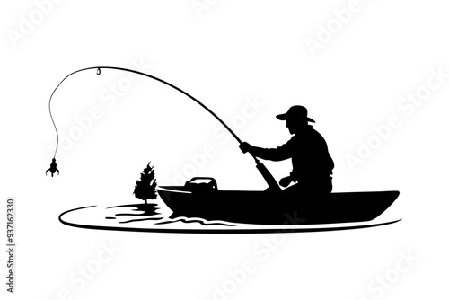 Fishing vector silhouette. Spinning fisherman illustration. Collection of fishing man on the waves and of the boat. Emblem for fishing clubs.