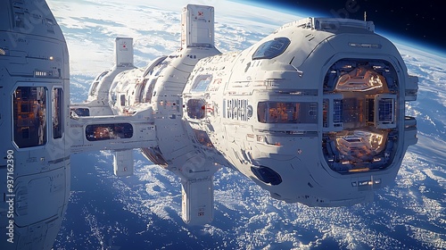 Wallpaper Mural Futuristic spaceship orbiting Earth with clouds and stars, capturing the wonder of space exploration and the serene view of our planet from above. Torontodigital.ca