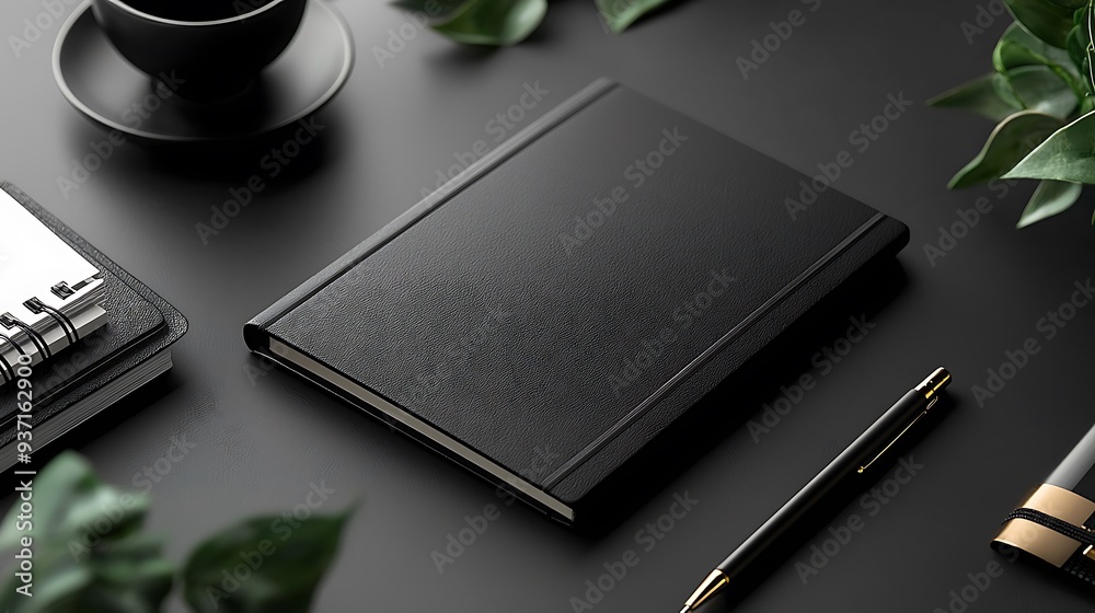 Black leather notebook with gold accents and a pen on a black desk ...