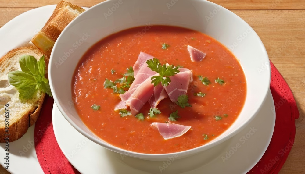 Delicious bowl of tomato soup with ham and fresh herbs served with crusty bread Delicious bowl of tomato soup with ham and fresh herbs served with crusty bread