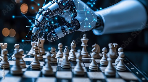 AI robot hand playing a chess game with a connected network, illustrating the intersection of artificial intelligence, strategy, and futuristic technology.