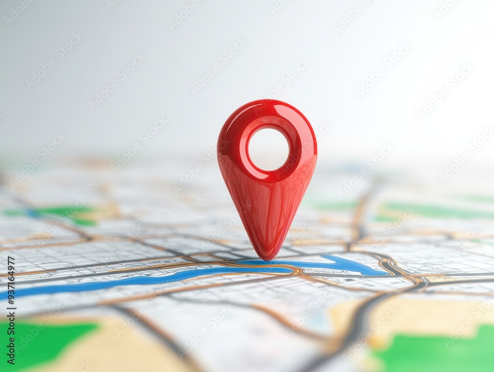 A vibrant red location pin prominently displayed on a detailed map, symbolizing navigation and exploration. A vibrant red location pin prominently displayed on a detailed map, symbolizing navigation and exploration.