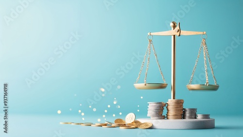 In a vibrant setting, a golden scale balances on a pile of coins and metallic tokens, embodying the essence of financial decisions and the pursuit of equity in wealth distribution.