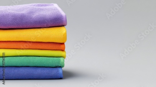 A vibrant stack of folded colored towels showcasing a rainbow of hues against a neutral background.