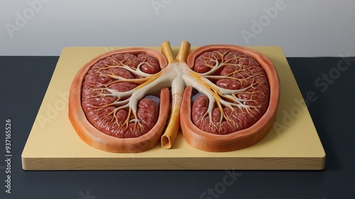 3D-printed organ on a sterile table, lifelike colors, bright clinical lighting photo