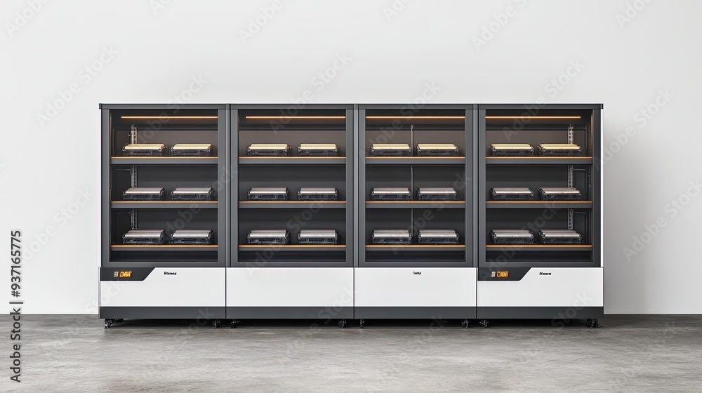 Advanced energy storage system with rows of battery packs, organized and clean, bright indoor light Advanced energy storage system with rows of battery packs, organized and clean, bright indoor light