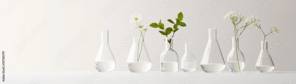 Aesthetic arrangement of glass vases with fresh greenery and delicate flowers against a minimalistic background. Aesthetic arrangement of glass vases with fresh greenery and delicate flowers against a minimalistic background.