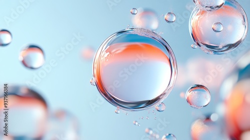 Abstract Water Droplets with Orange Hue, Macro Photography - A collection of water droplets, suspended in air, with one large droplet displaying an orange hue at the top, representing light refraction