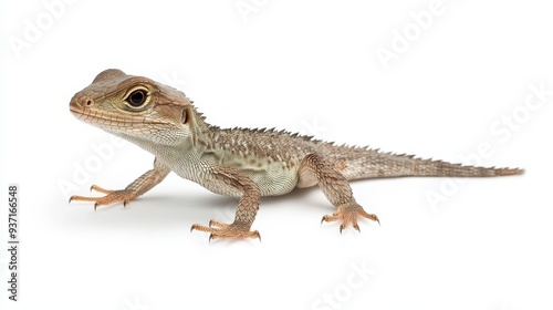 Adorable Baby Lizard Posing on White Background - A small, brown and green lizard with a curious expression sits on a white background, representing nature, wildlife, reptiles, pets, and a playful spi