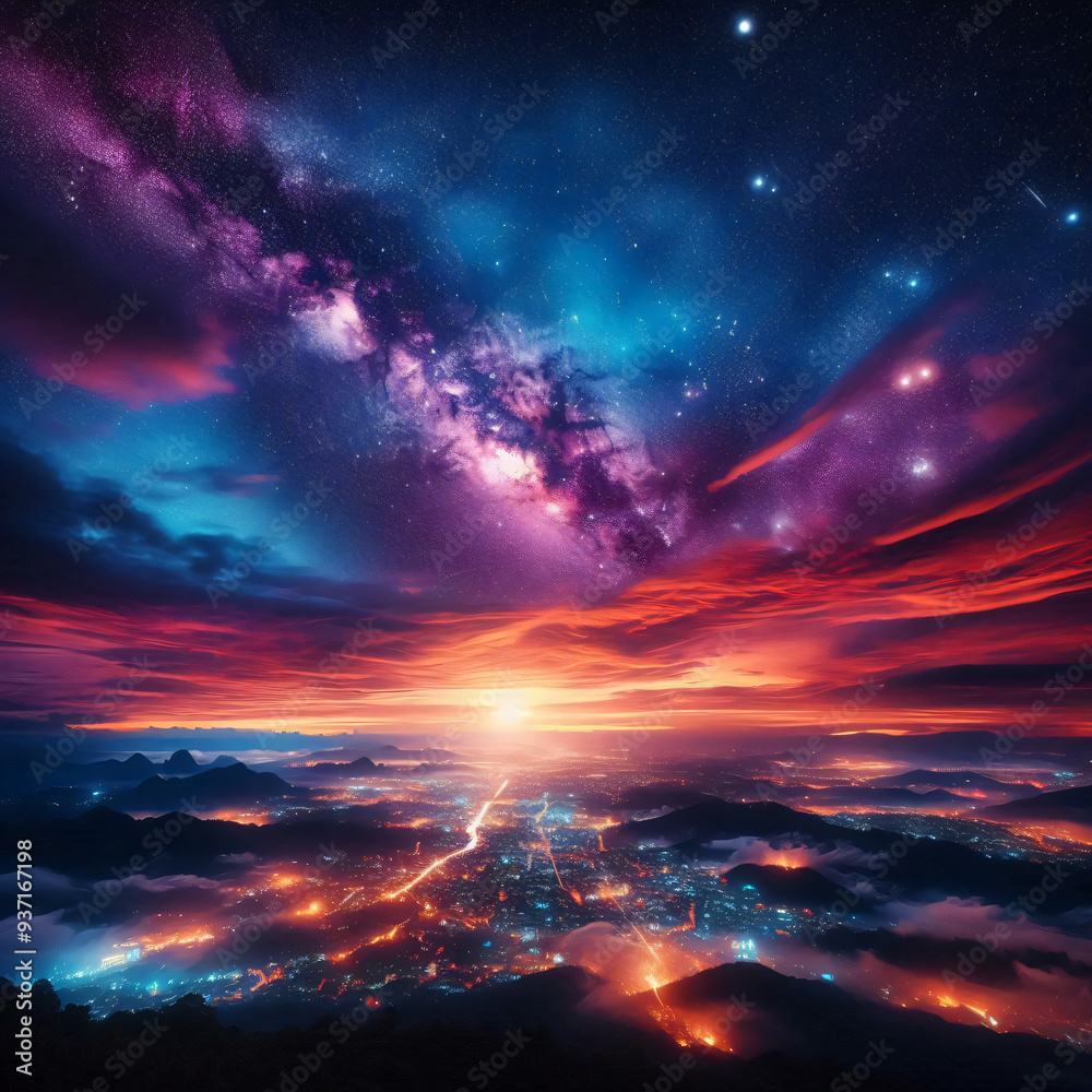 Fototapeta premium Stunning Night Sky Full of Stars Over a Lit-up City