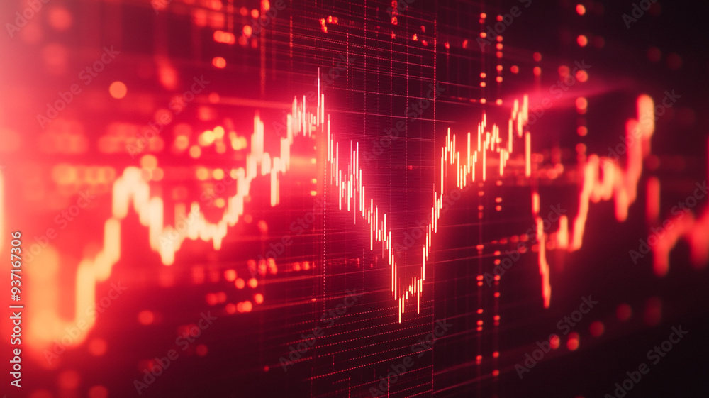 Dynamic red heartbeat signals showcase fluctuating trends in data visualization at twilight in a digital landscape Dynamic red heartbeat signals showcase fluctuating trends in data visualization at twilight in a digital landscape