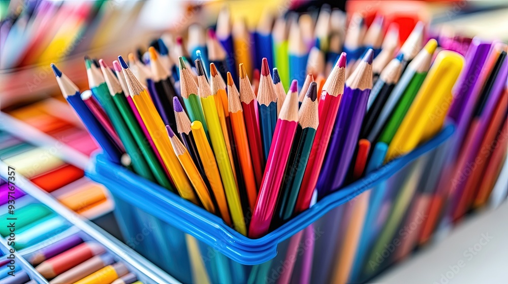 Art supplies organized in a caddy, bright light, classroom setting Art supplies organized in a caddy, bright light, classroom setting