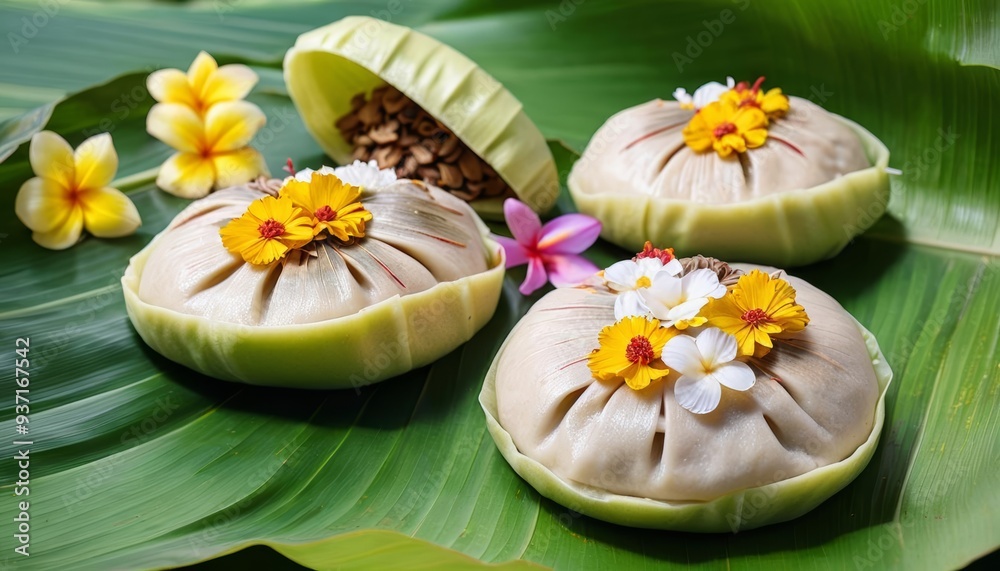  Artful culinary display with exotic flowers and tropical leaves