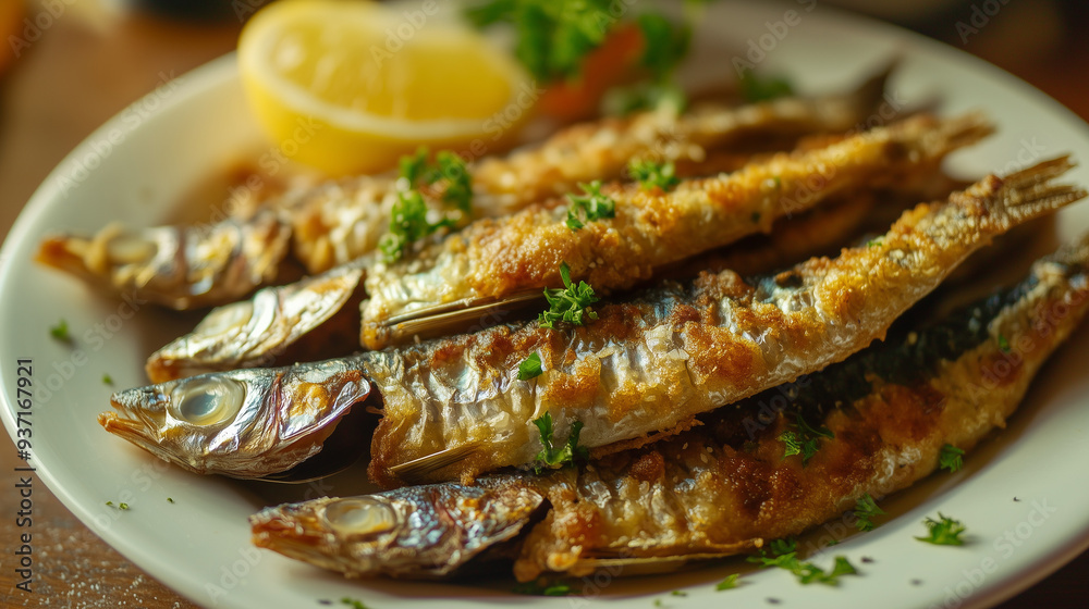 Golden-fried sardines on a plate, garnished with fresh herbs, served with lemon wedges Golden-fried sardines on a plate, garnished with fresh herbs, served with lemon wedges