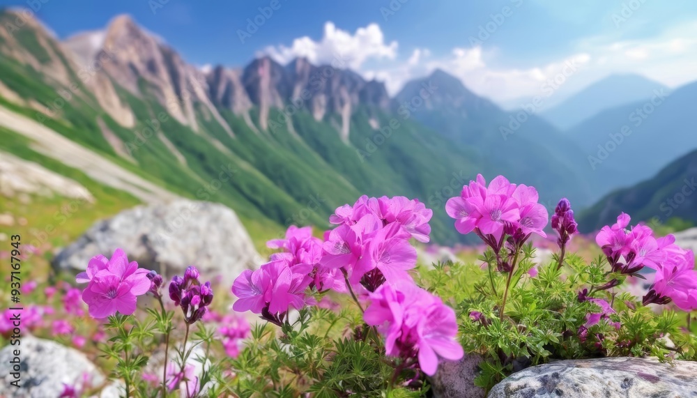 Natures vibrant palette A field of pink flowers against a majestic mountain backdrop Natures vibrant palette A field of pink flowers against a majestic mountain backdrop
