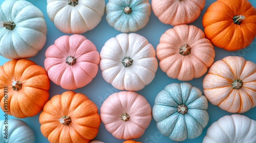 Autumn Pumpkins: Orange, White, and Pink Pumpkins on Soft Blue Background for Seasonal Design, Generative AI