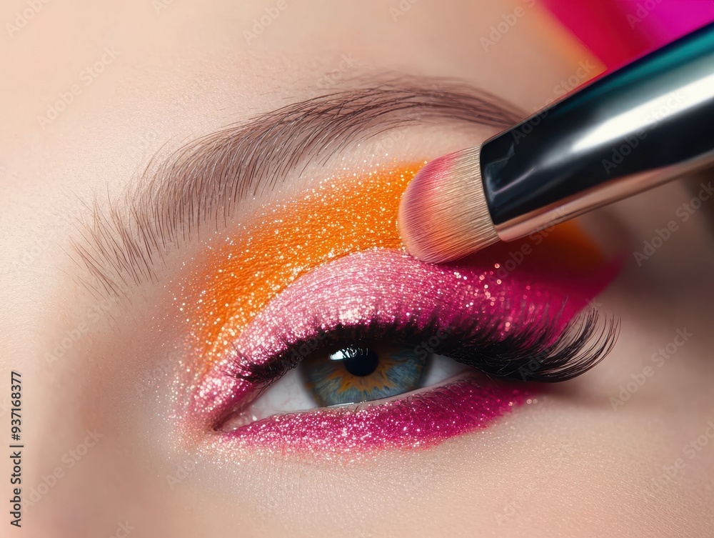 Naklejka premium Vibrant eye makeup application showcasing colorful shades and expert brush technique for a stunning look.