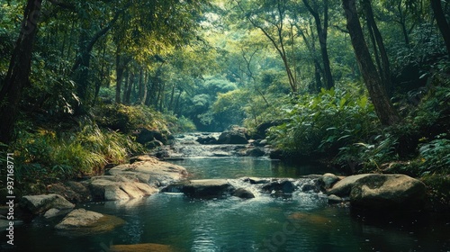 Tranquil South Asian stream flowing through the forest, with space for copy.