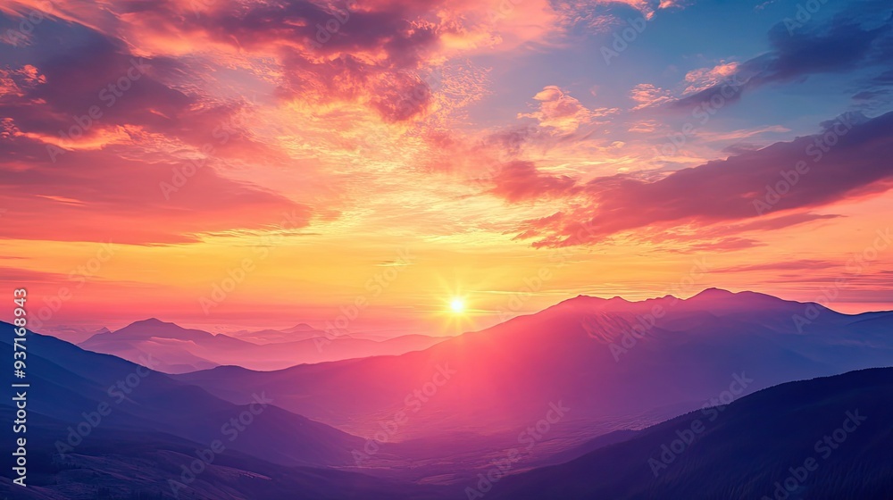 Vibrant sunset over a serene mountain landscape, with room for copy. Vibrant sunset over a serene mountain landscape, with room for copy.