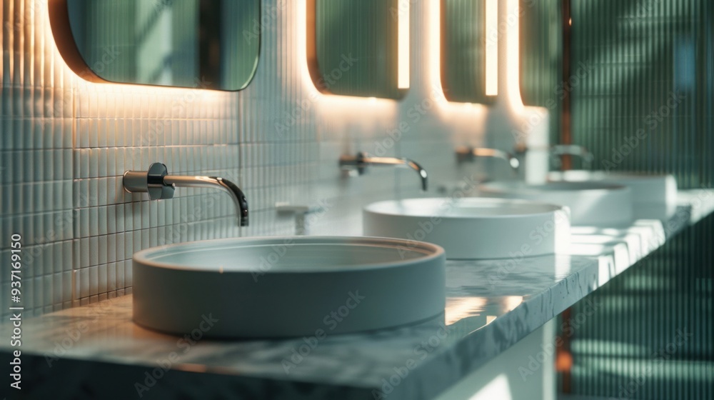 Fototapeta premium Minimalist Bathroom Interior Design with Sleek Sinks and Mirrors