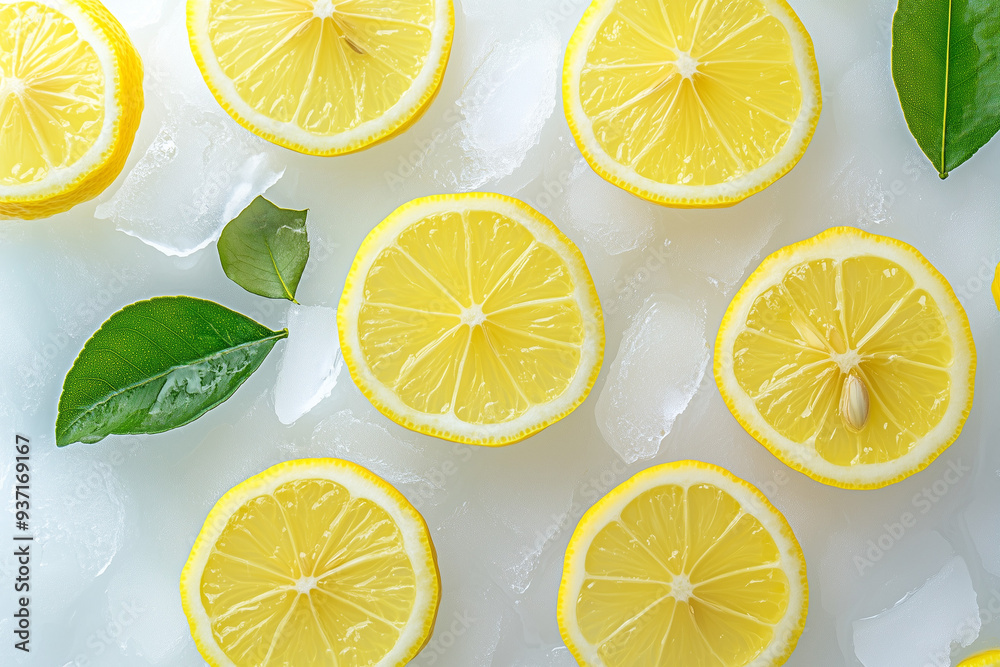Close-up of lemon slices on ice, food poster Close-up of lemon slices on ice, food poster