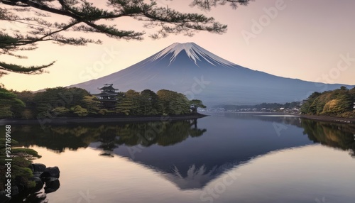  Tranquil lakeside view of majestic Mount Fuji at sunset