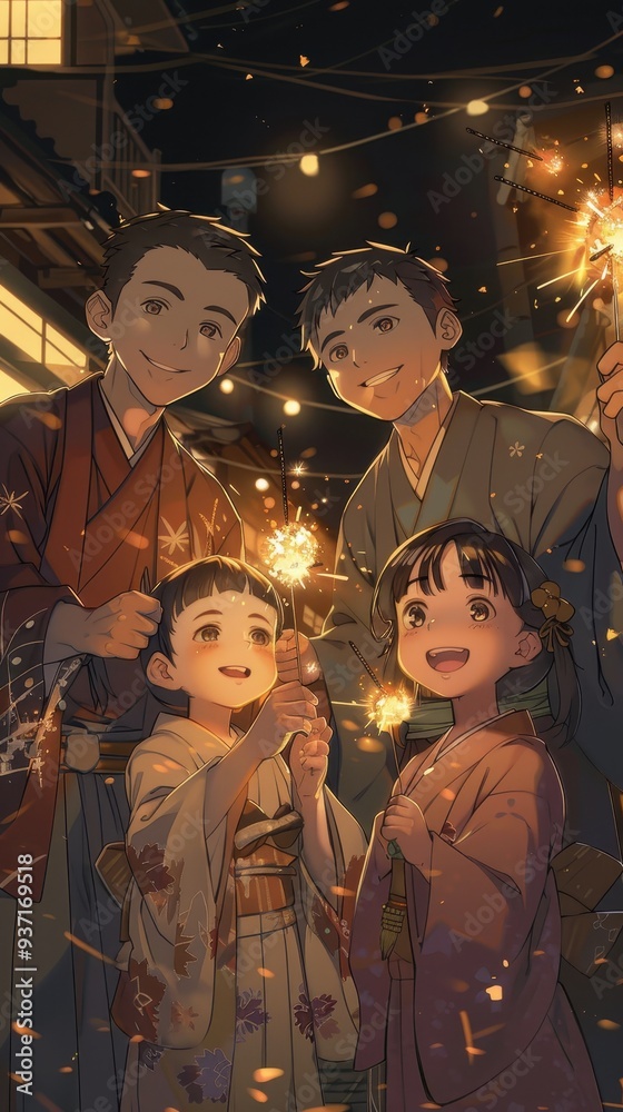 A happy family in traditional attire lights up the night with sparklers, enjoying a festive moment filled with joy and laughter A happy family in traditional attire lights up the night with sparklers, enjoying a festive moment filled with joy and laughter