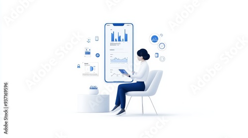 Businesswoman Analyzing Data on Mobile Device - A businesswoman sits in a chair, analyzing data on a mobile phone. The phone displays graphs and charts, symbolizing business analytics, data visualizat photo