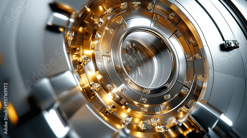 The interior design of an open bank vault, featuring metallic and gold accents with high resolution