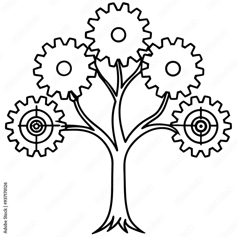 Mechanical leaves with the tree vector line art illustration